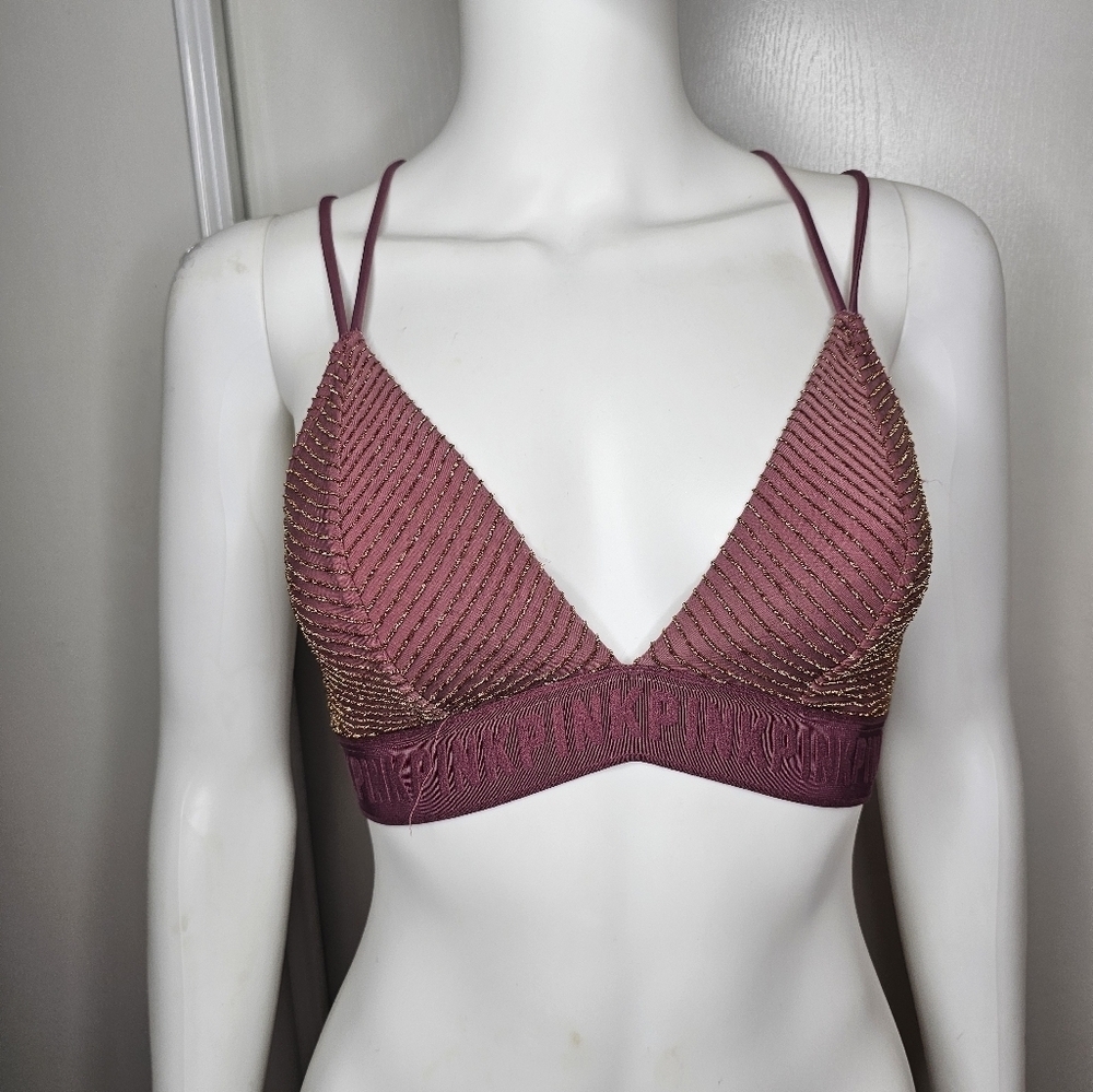 Victorias Secret PINK Unlined Ribbed Shimmer Strappy Triangle Bralette Size M